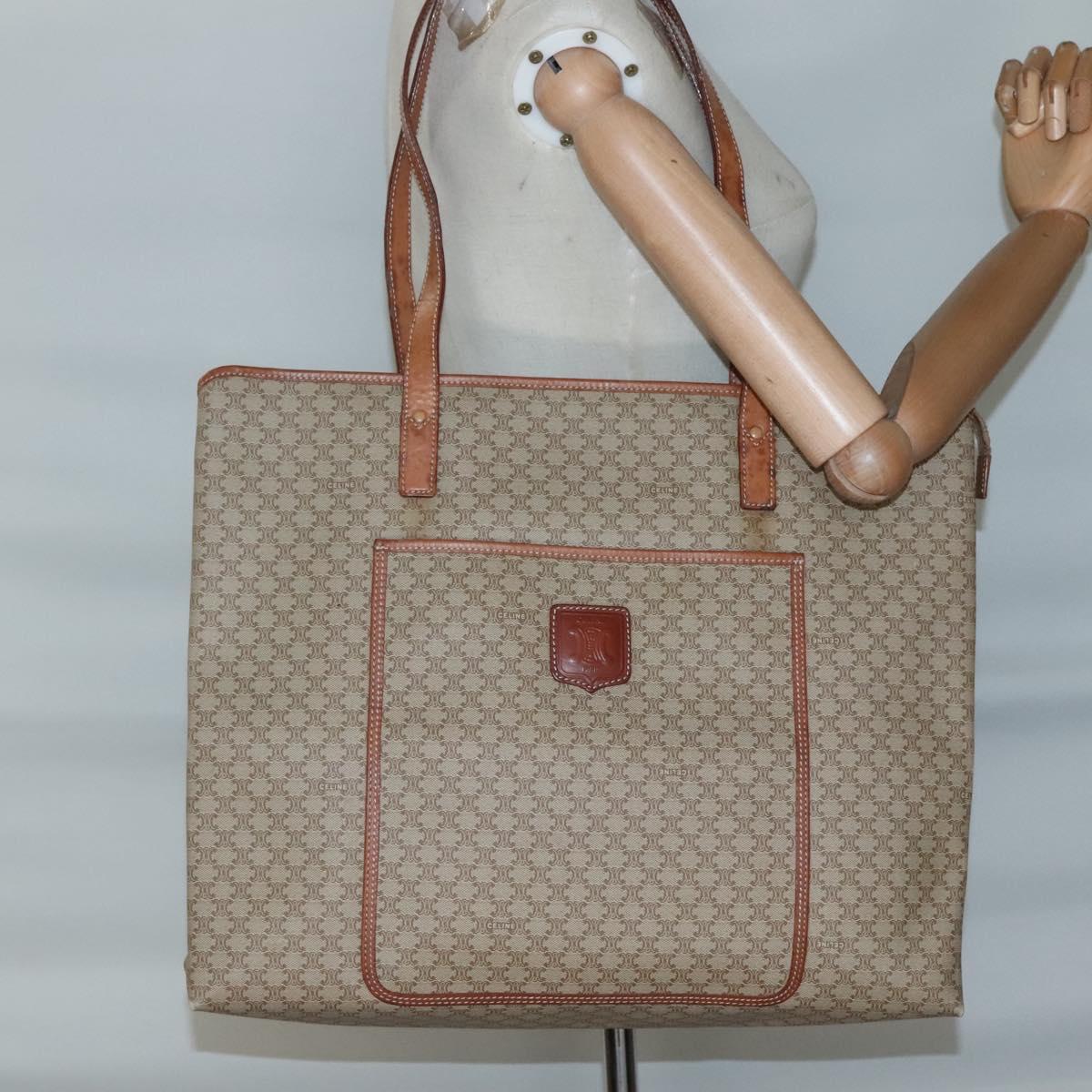 CELINE Macadam Canvas Tote Bag PVC Beige Gold Auth bs28952
