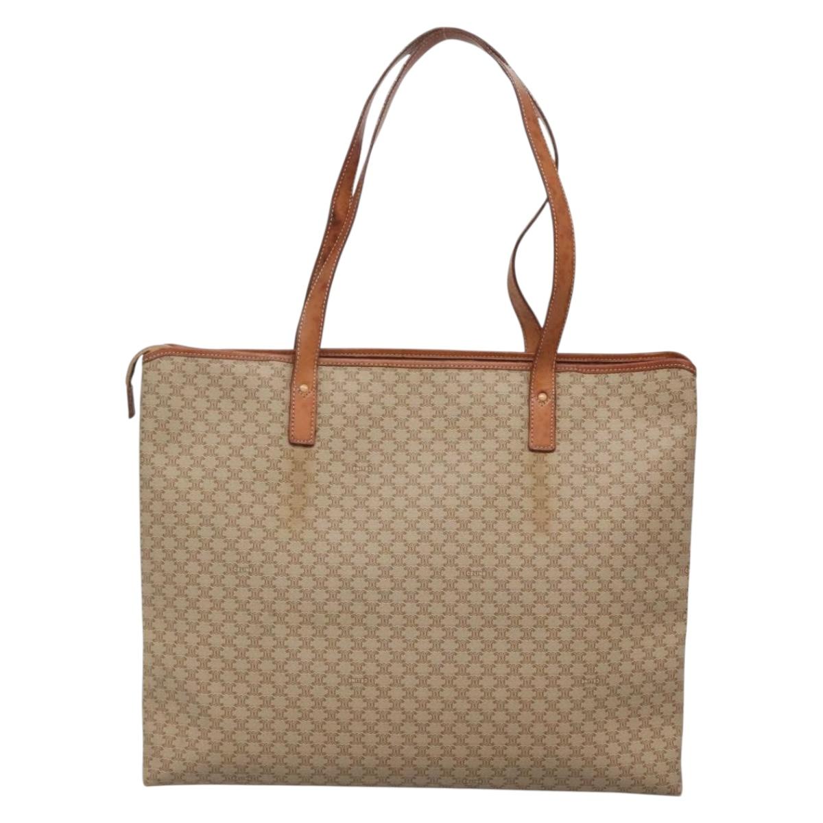 CELINE Macadam Canvas Tote Bag PVC Beige Gold Auth bs28952