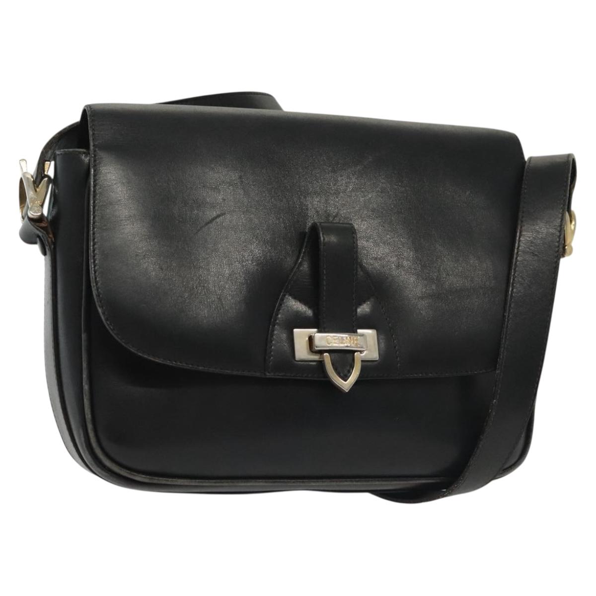 CELINE Shoulder Bag Leather Navy Gold Auth bs28958