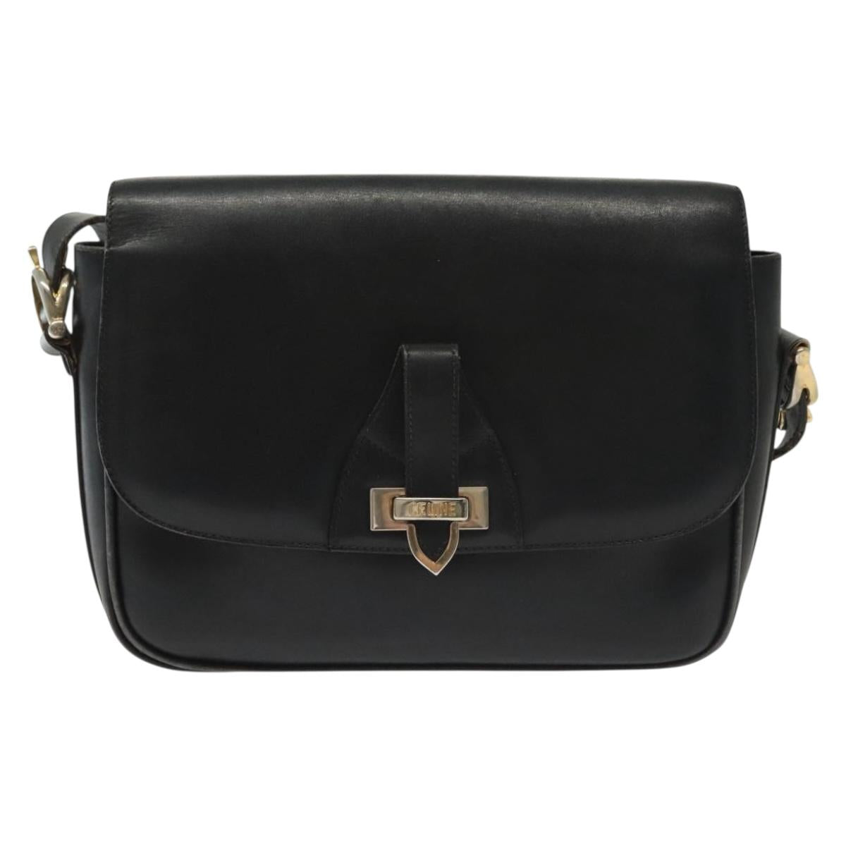 CELINE Shoulder Bag Leather Navy Gold Auth bs28958