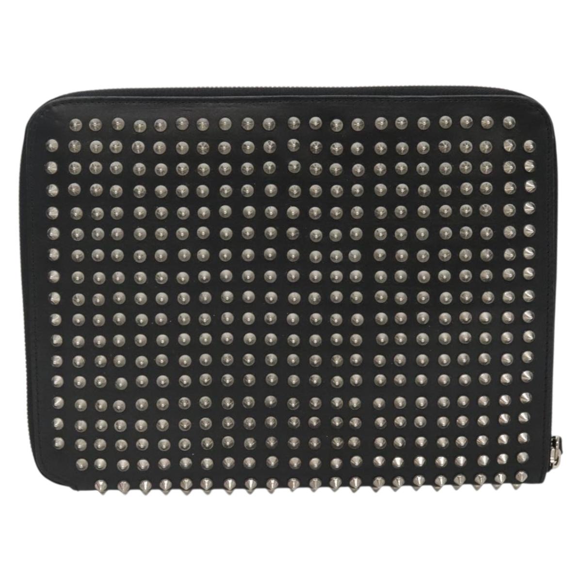 Christian Louboutin Studs Clutch Bag Leather Black Silver Auth bs28961