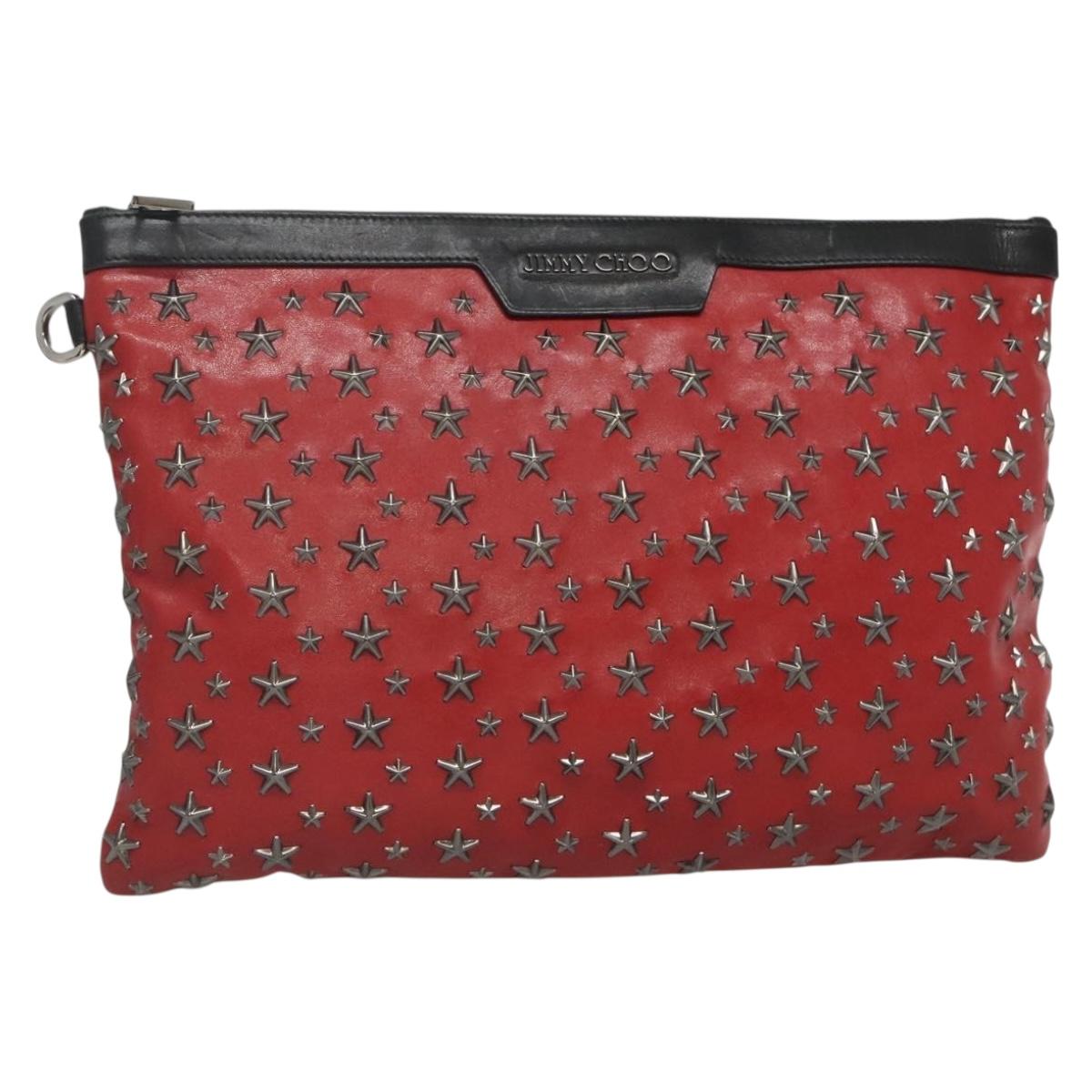 Jimmy Choo Studs Clutch Bag Leather Red Black Auth bs28965