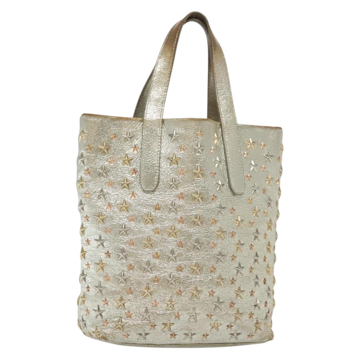 Jimmy Choo Studs Tote Bag Leather Champagne Gold Auth bs28966
