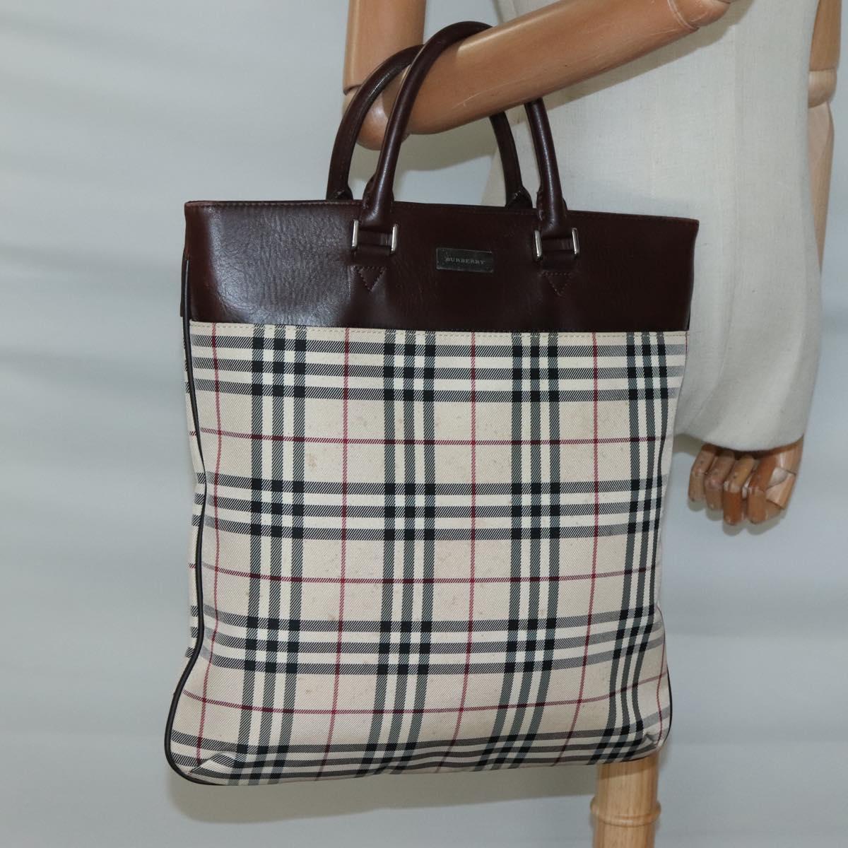BURBERRY Nova Check Hand Bag Nylon Leather Beige Silver Auth bs28982