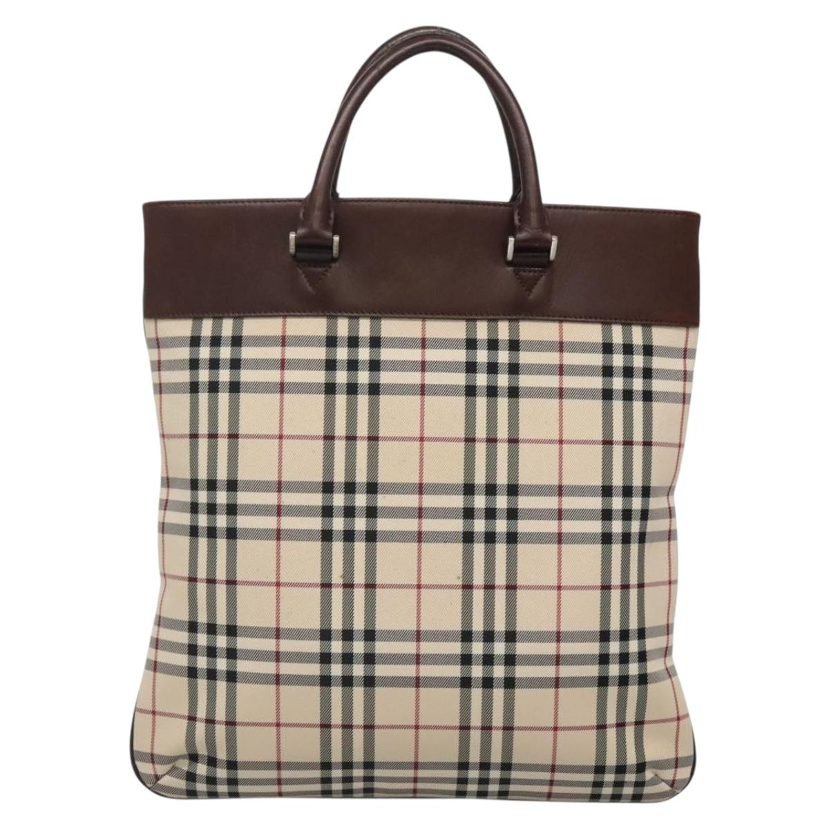 BURBERRY Nova Check Hand Bag Nylon Leather Beige Silver Auth bs28982
