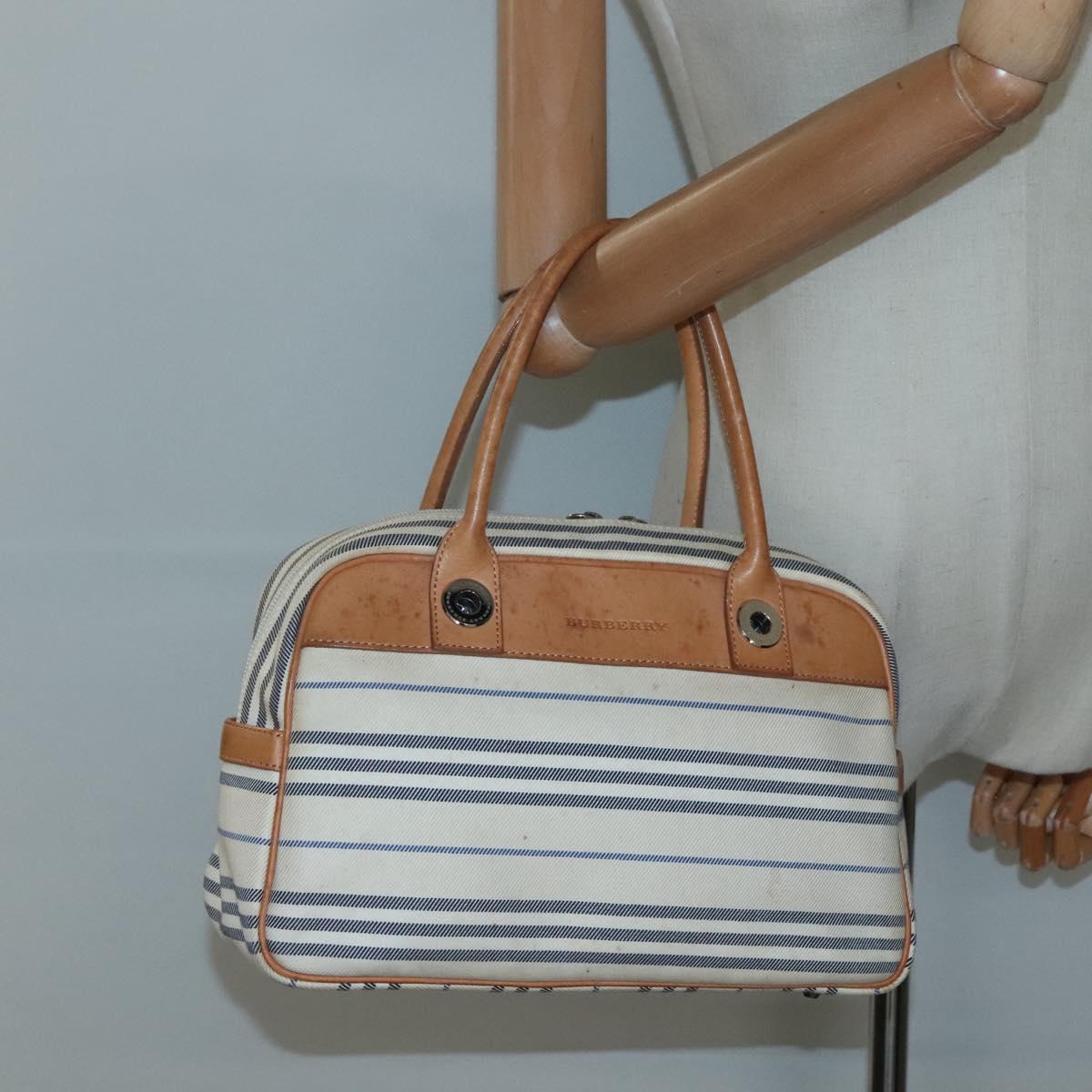 BURBERRY Hand Bag Canvas Leather White Silver Auth bs28984