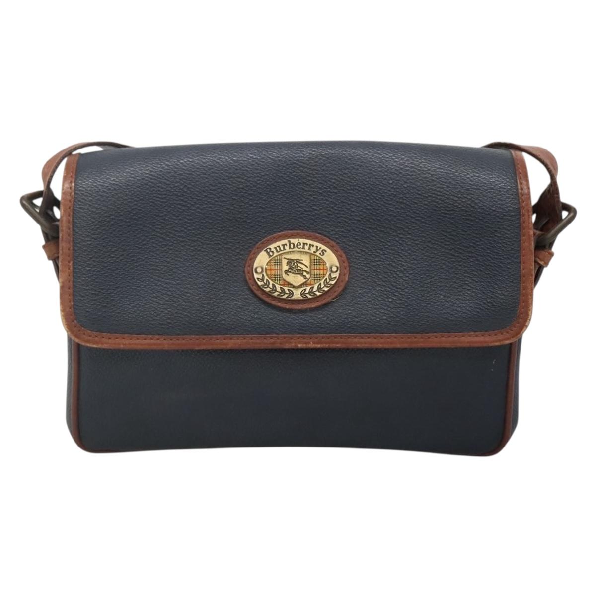 Burberrys Shoulder Bag Leather PVC Navy Gold Auth bs28989