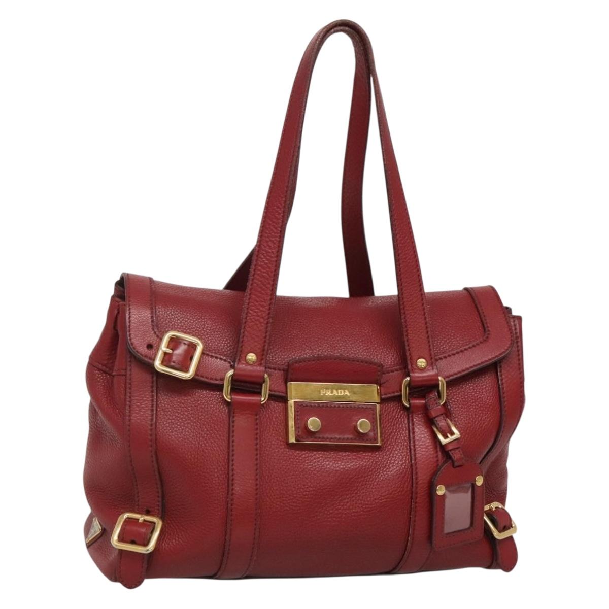 PRADA Tote Bag Leather Red Gold Auth bs29048