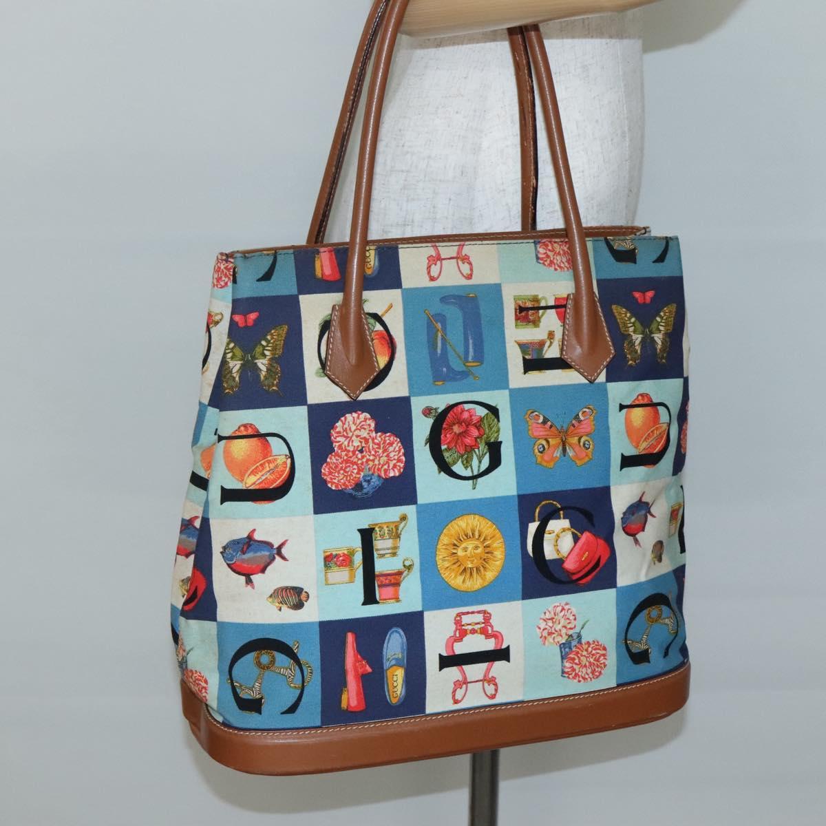 GUCCI Tote Bag Canvas Blue Gold 002 2853 0307 0 Auth bs29059