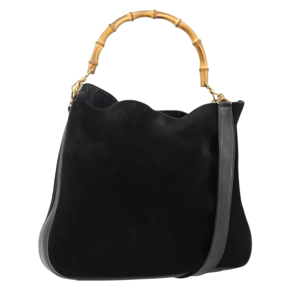 GUCCI Bamboo Tote Bag Suede Leather 2way Black Gold 001 2404 15770 Auth bs29062