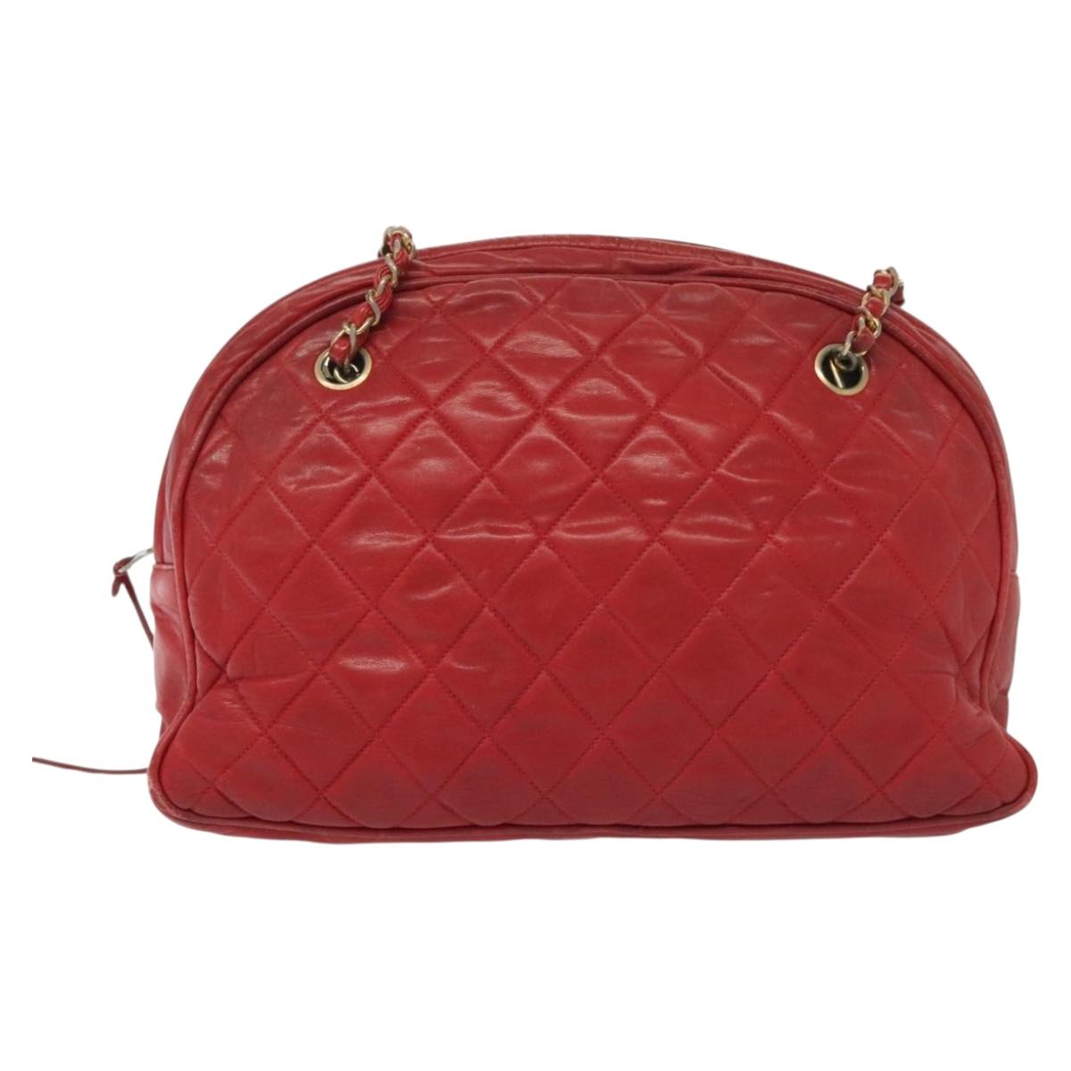 CHANEL Matelasse Chain Shoulder Bag Lamb Skin Red Gold CC Auth bs29076