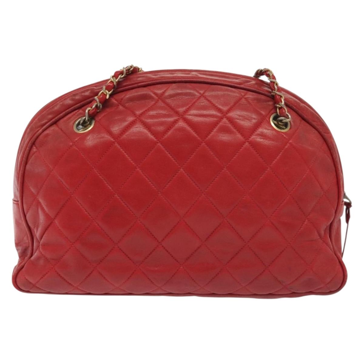 CHANEL Matelasse Chain Shoulder Bag Lamb Skin Red Gold CC Auth bs29076