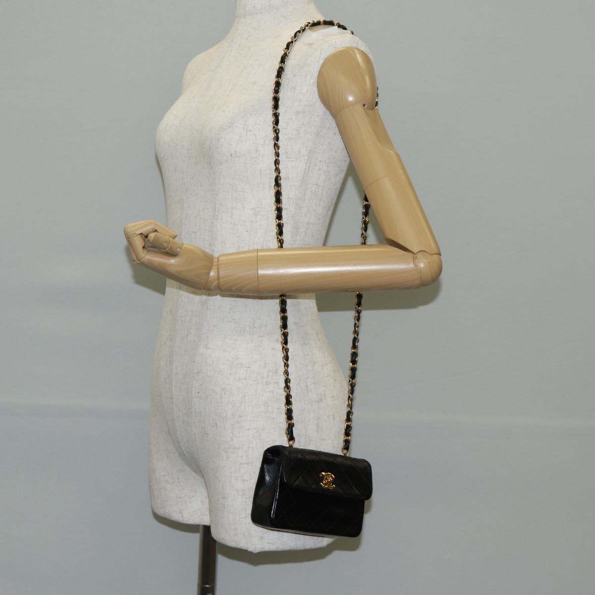 CHANEL Matelasse Chain Shoulder Bag Lamb Skin Black Gold CC Auth bs29080