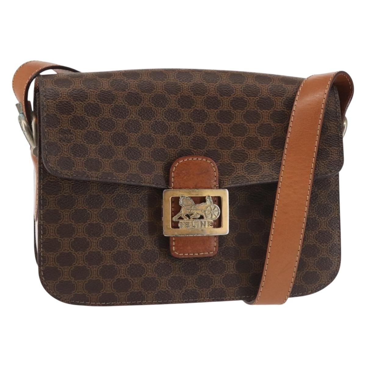 CELINE Macadam Canvas Shoulder Bag PVC Leather Brown Gold Auth bs29090