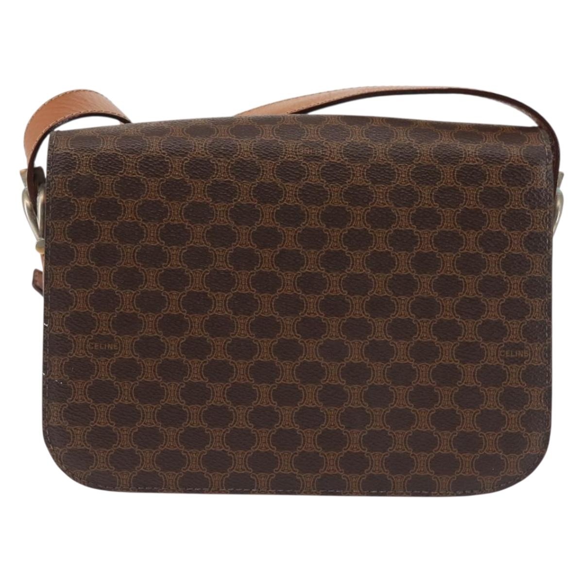 CELINE Macadam Canvas Shoulder Bag PVC Leather Brown Gold Auth bs29090