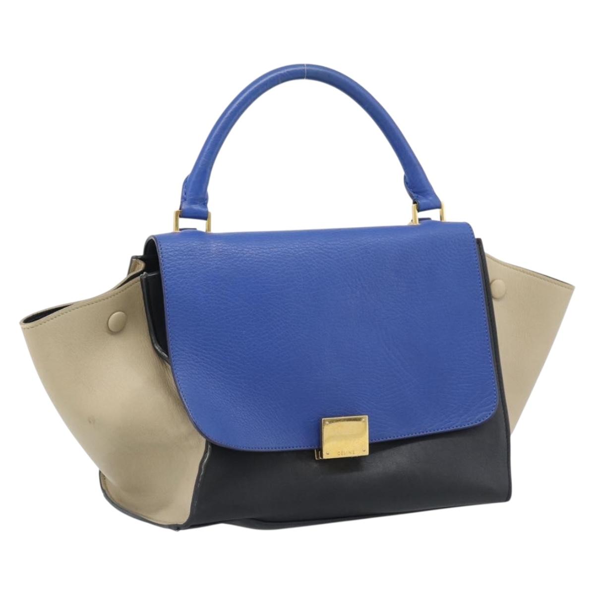 CELINE Trapeze Small Hand Bag Leather 2way Blue Gold Auth bs29092
