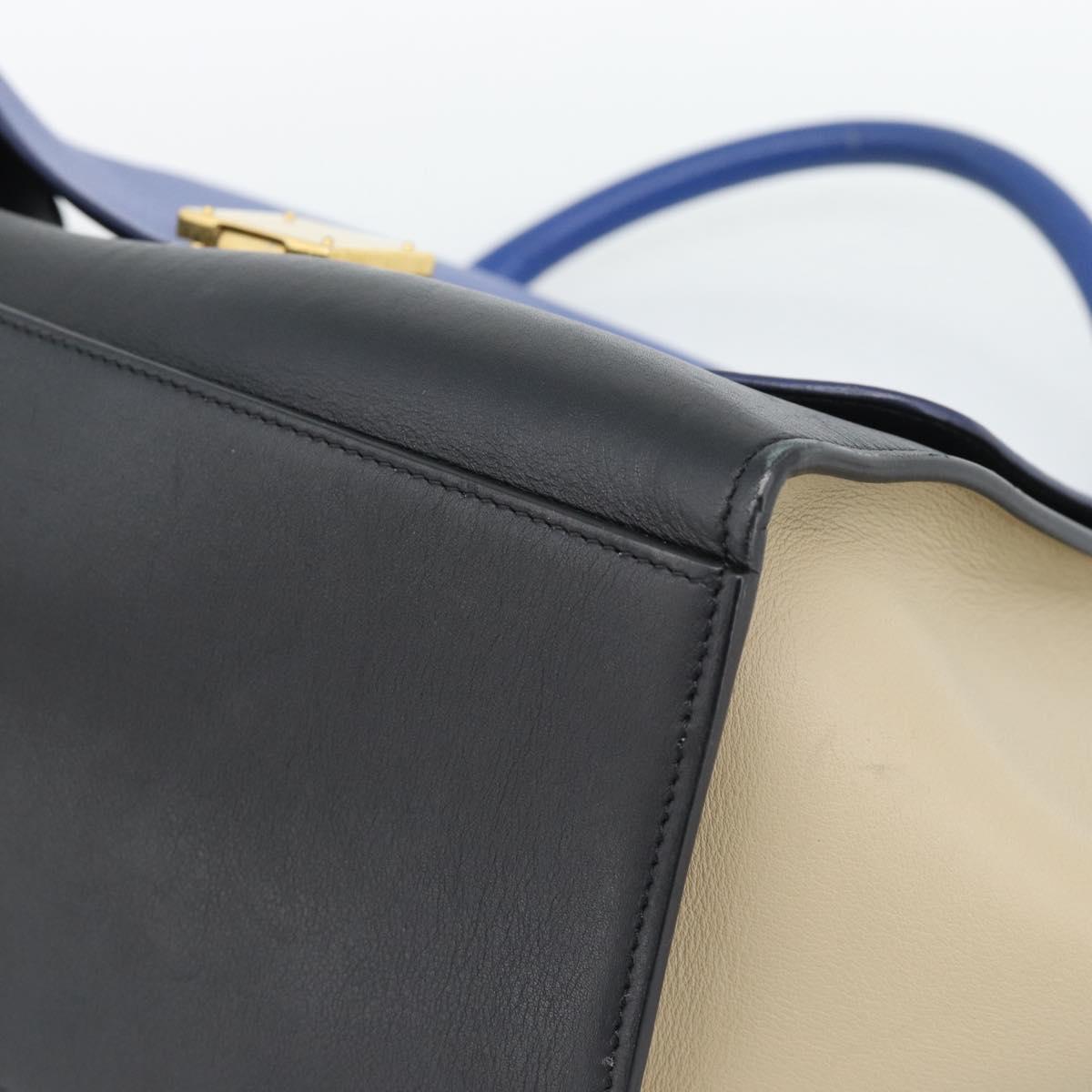 CELINE Trapeze Small Hand Bag Leather 2way Blue Gold Auth bs29092