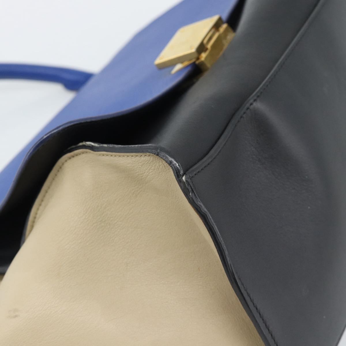 CELINE Trapeze Small Hand Bag Leather 2way Blue Gold Auth bs29092
