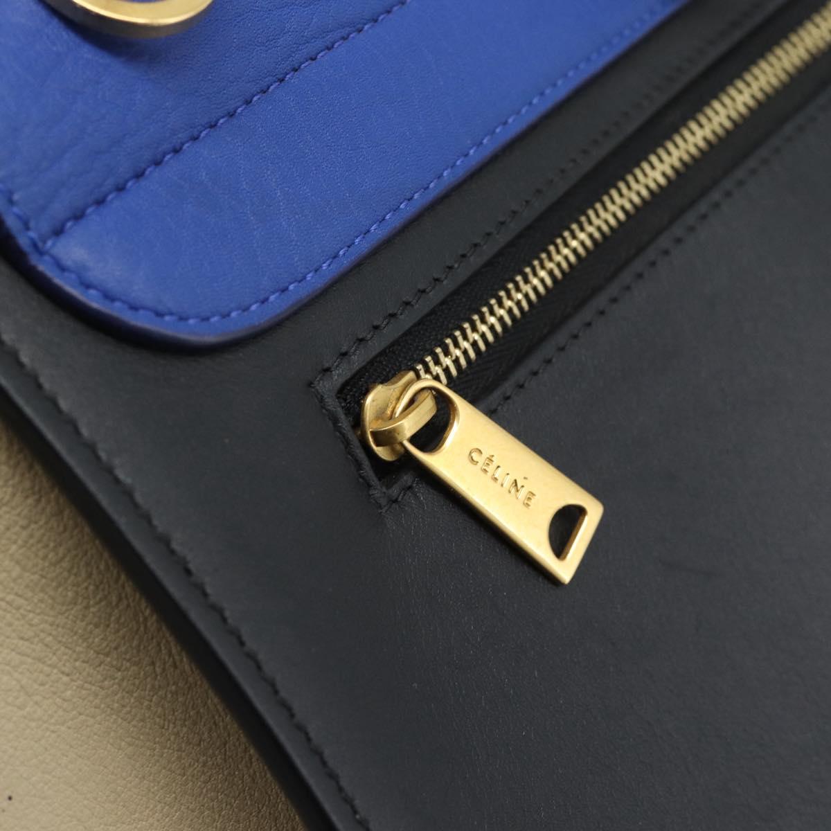 CELINE Trapeze Small Hand Bag Leather 2way Blue Gold Auth bs29092
