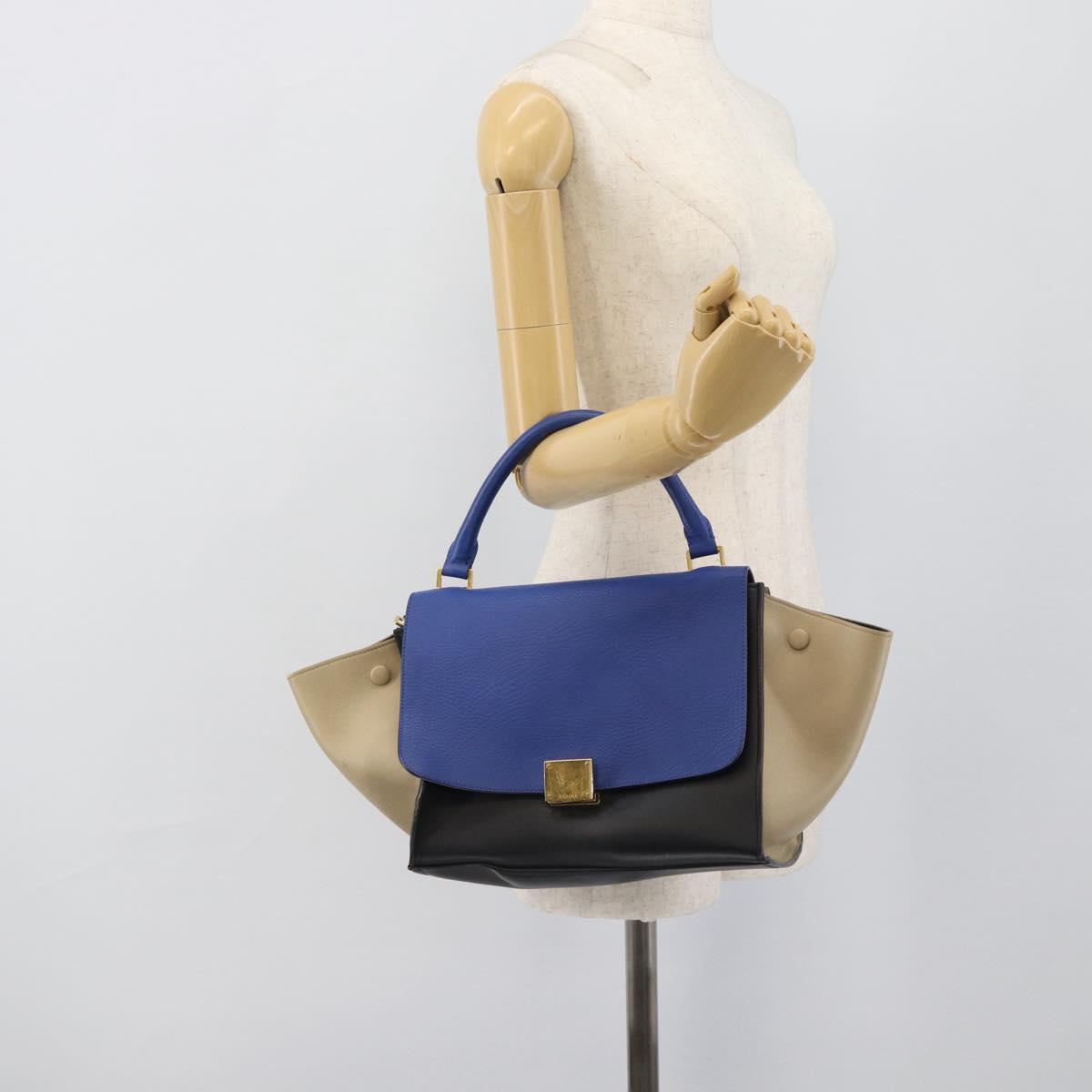 CELINE Trapeze Small Hand Bag Leather 2way Blue Gold Auth bs29092