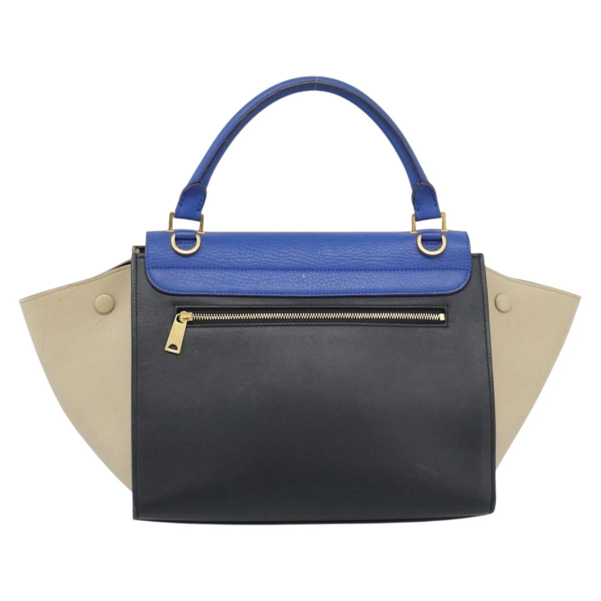CELINE Trapeze Small Hand Bag Leather 2way Blue Gold Auth bs29092