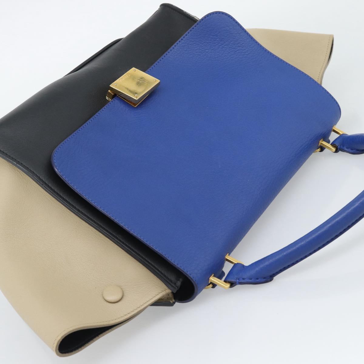 CELINE Trapeze Small Hand Bag Leather 2way Blue Gold Auth bs29092