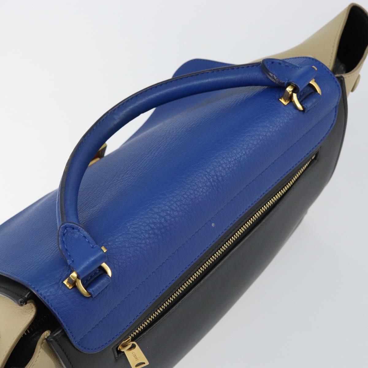 CELINE Trapeze Small Hand Bag Leather 2way Blue Gold Auth bs29092