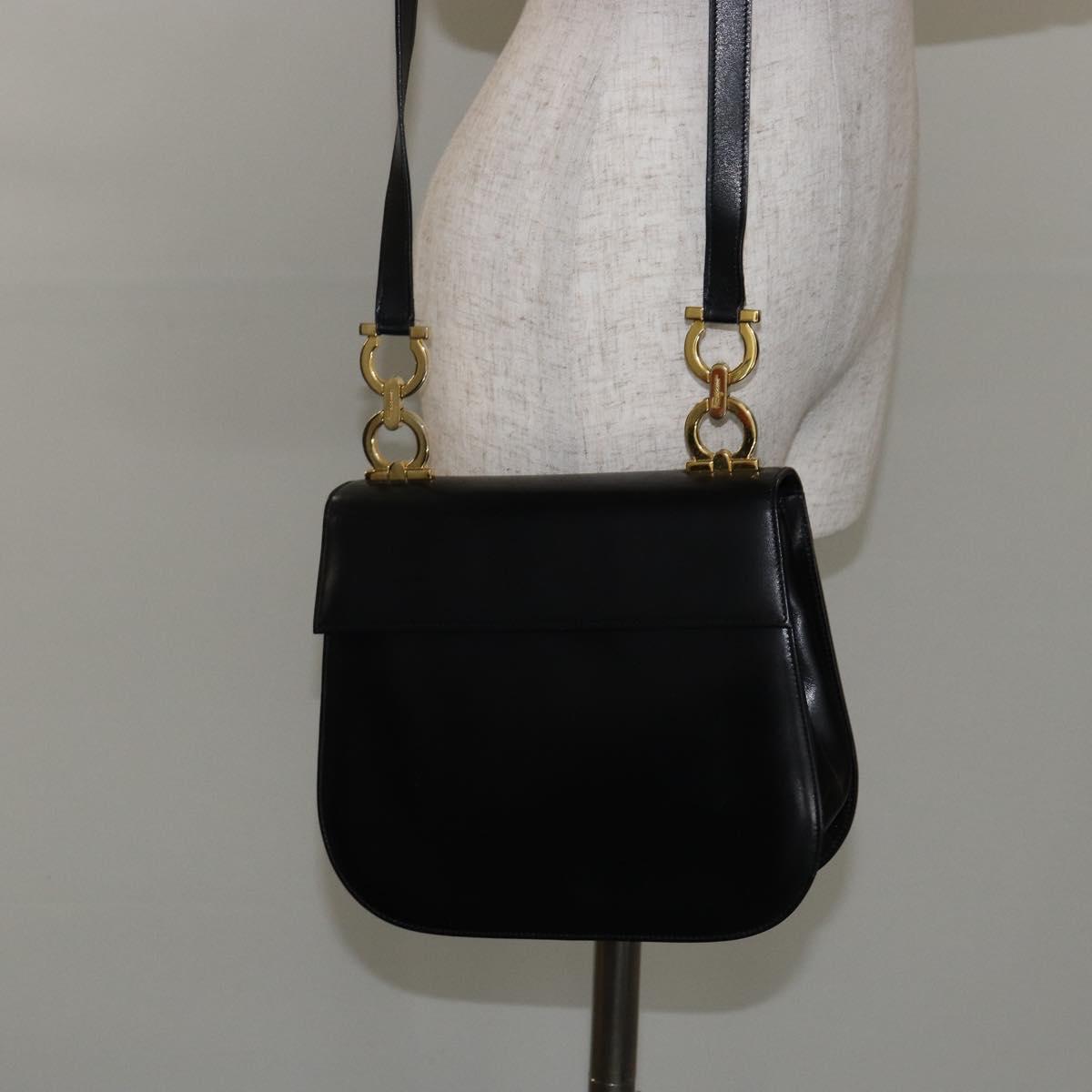 Salvatore Ferragamo Gancini Shoulder Bag Leather Black Gold Auth bs29116
