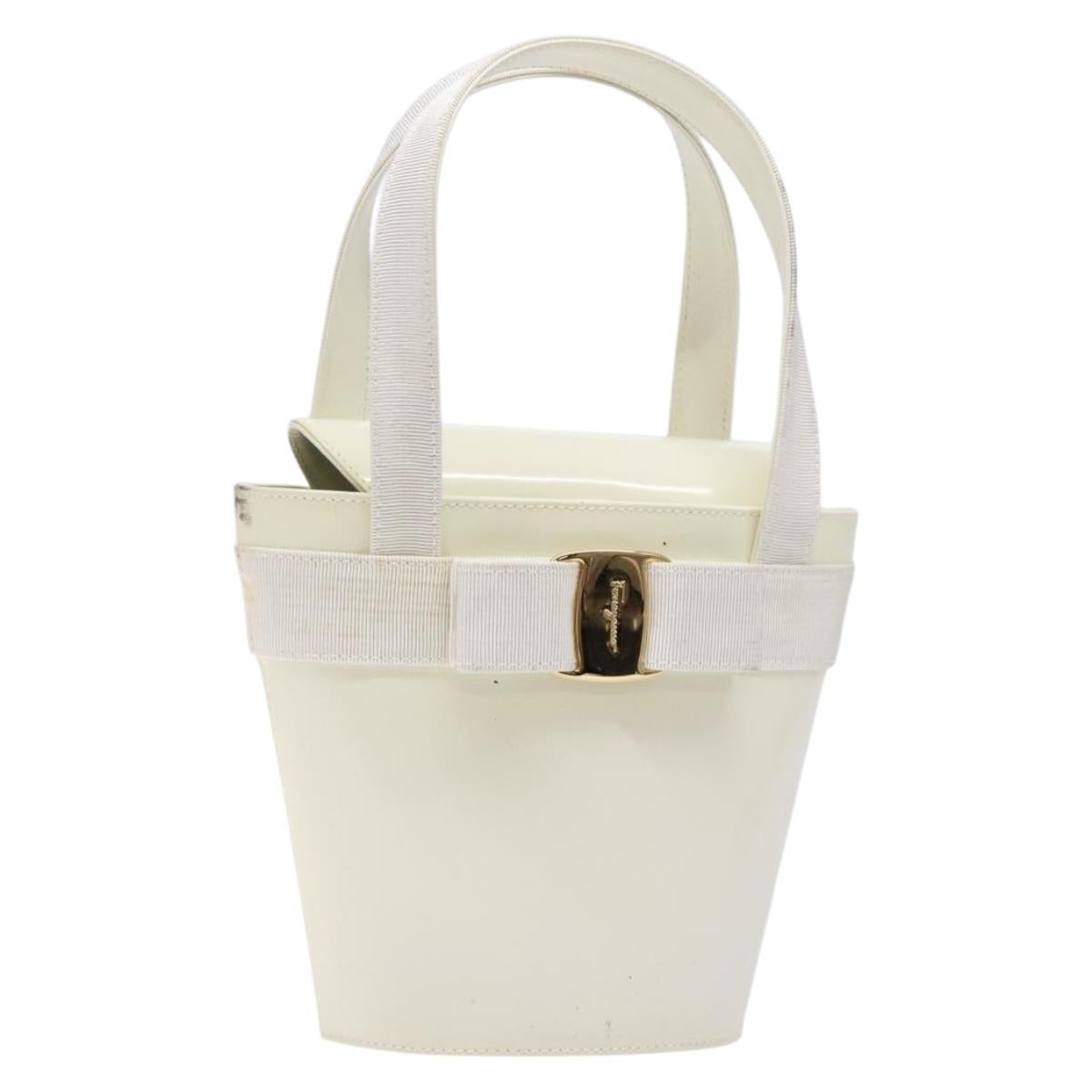 Salvatore Ferragamo Vala Hand Bag Enamel White Gold Auth bs29118