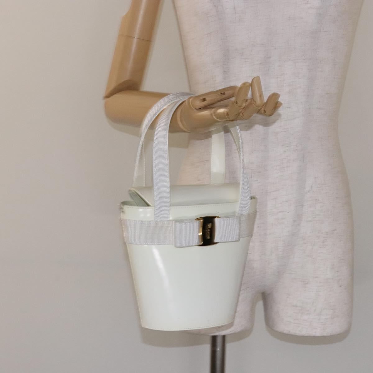 Salvatore Ferragamo Vala Hand Bag Enamel White Gold Auth bs29118