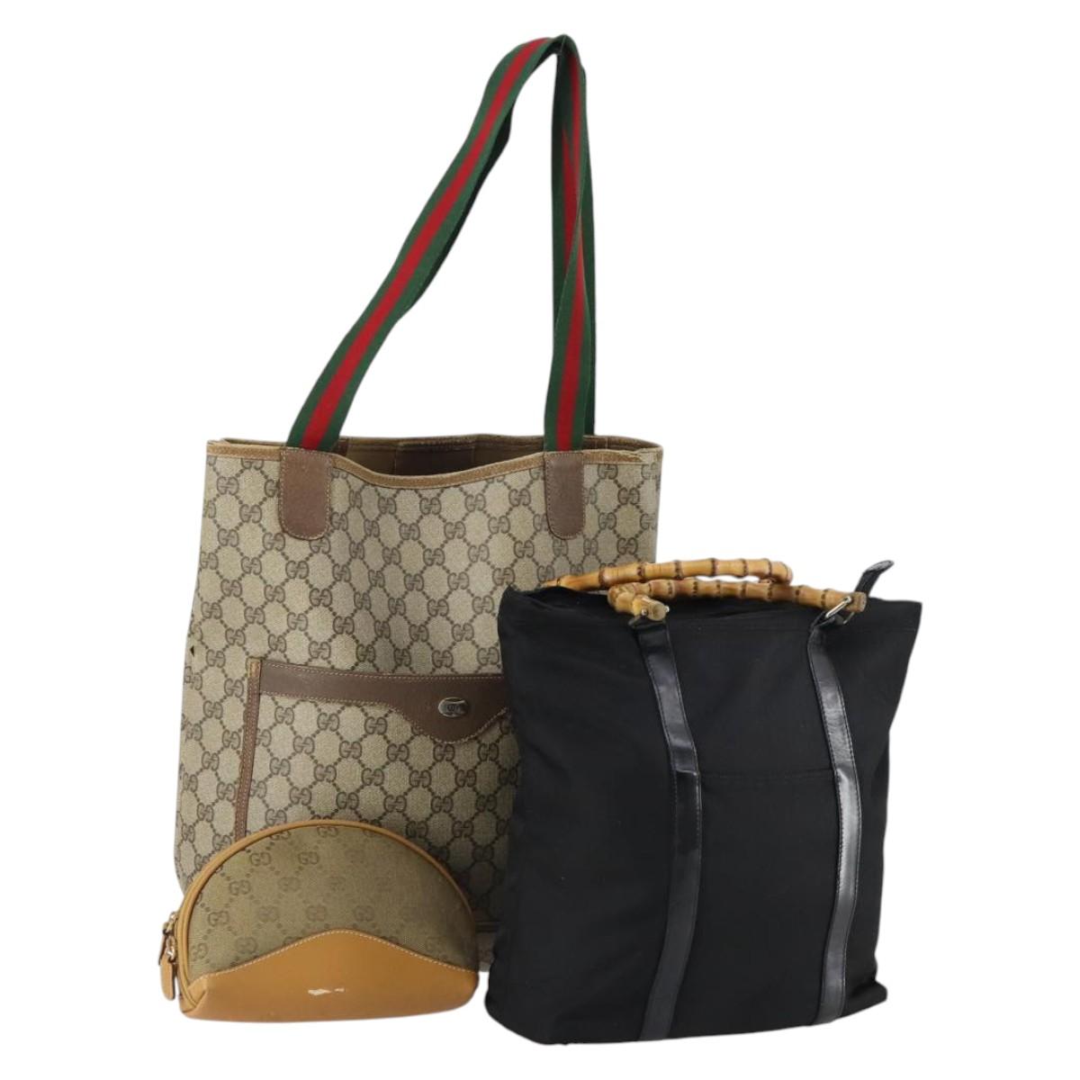 GUCCI GG Supreme Bamboo Web Sherry Line Bag Nylon PVC 3Set Beige Auth bs29146