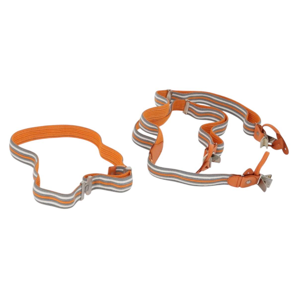 HERMES Suspenders Belt Canvas Leather 2Set Orange Auth bs29192