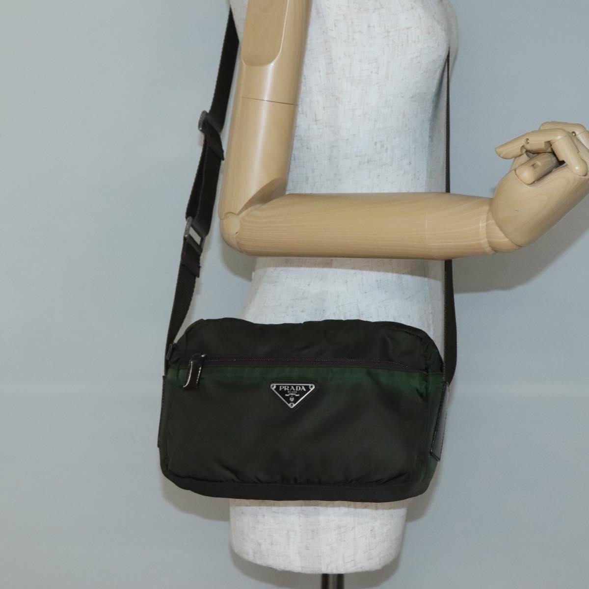 PRADA Shoulder Bag Nylon Khaki Silver Auth bs29203