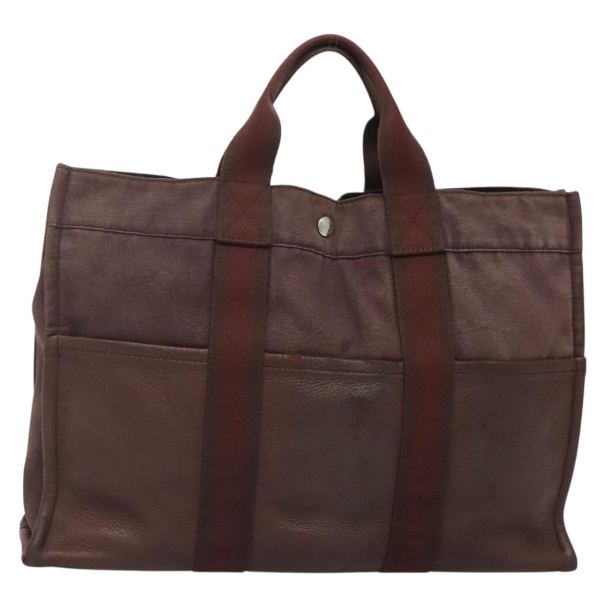 HERMES Fourre Tout MM Hand Bag Canvas Leather Brown Silver Auth bs29205