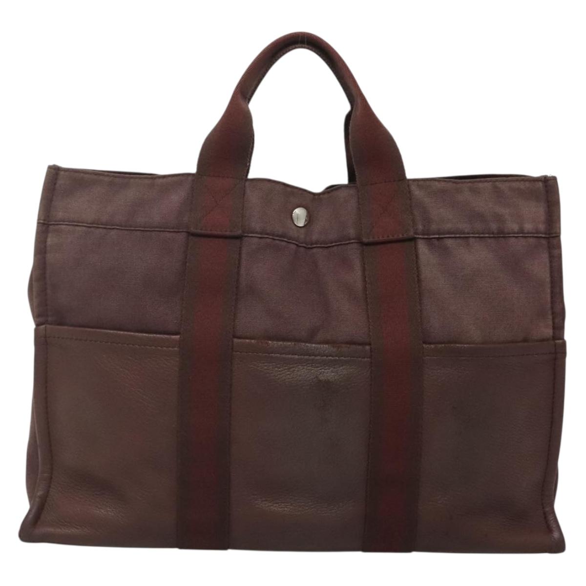 HERMES Fourre Tout MM Hand Bag Canvas Leather Brown Silver Auth bs29205