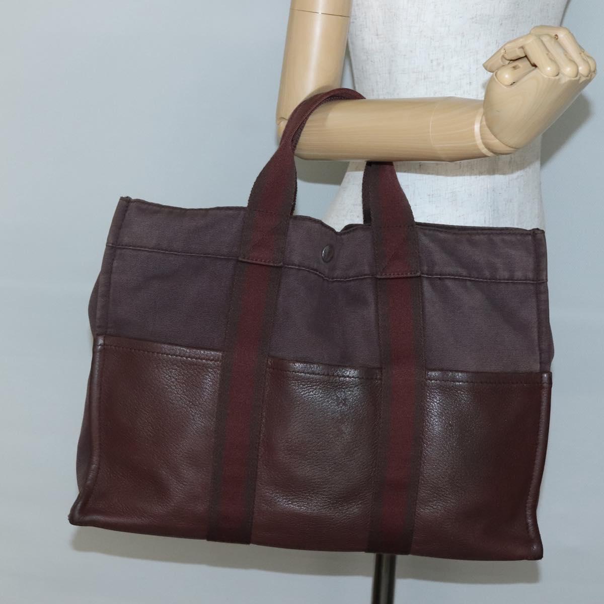 HERMES Fourre Tout MM Hand Bag Canvas Leather Brown Silver Auth bs29205