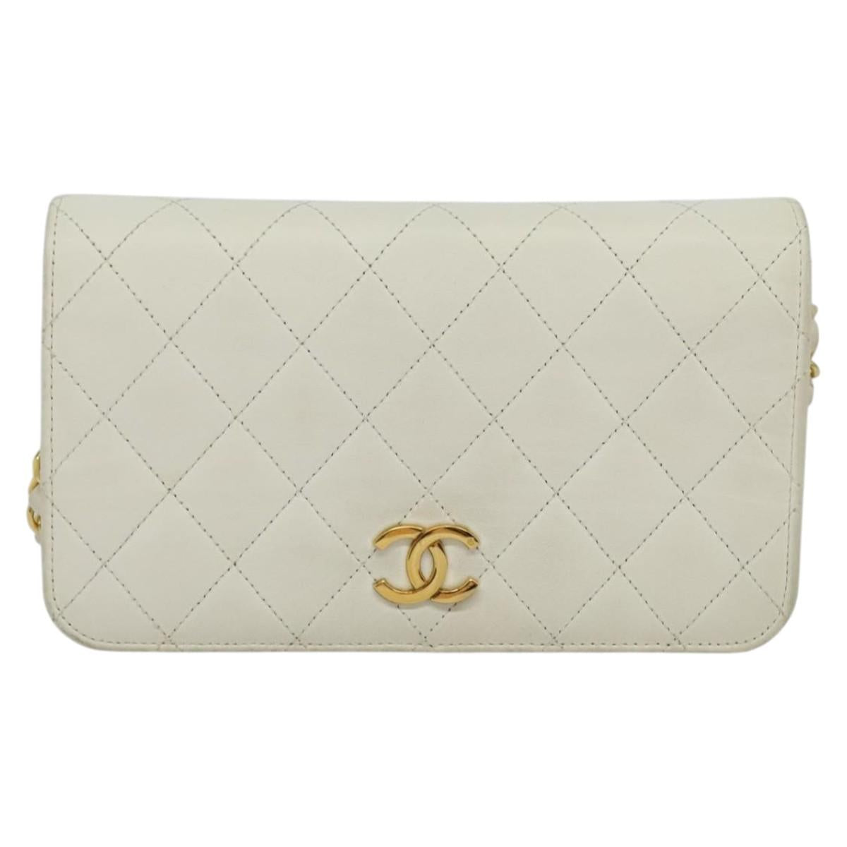 CHANEL Matelasse Chain Shoulder Bag Leather White Gold CC Auth bs29210