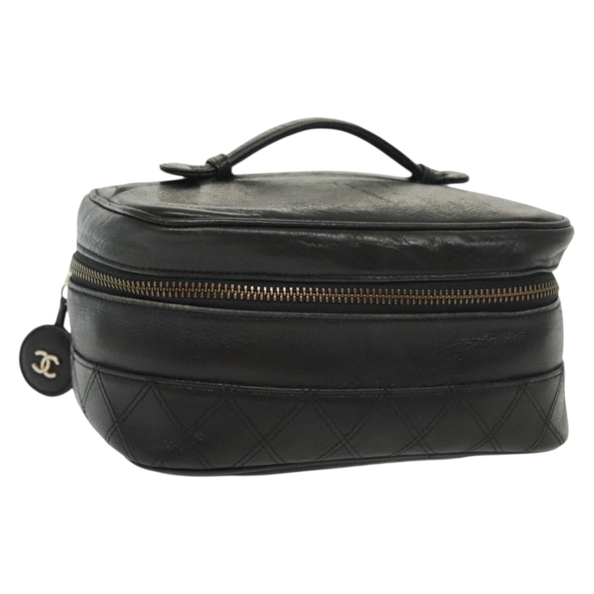 CHANEL Vanity Pouch Leather Black Gold CC Auth bs29212