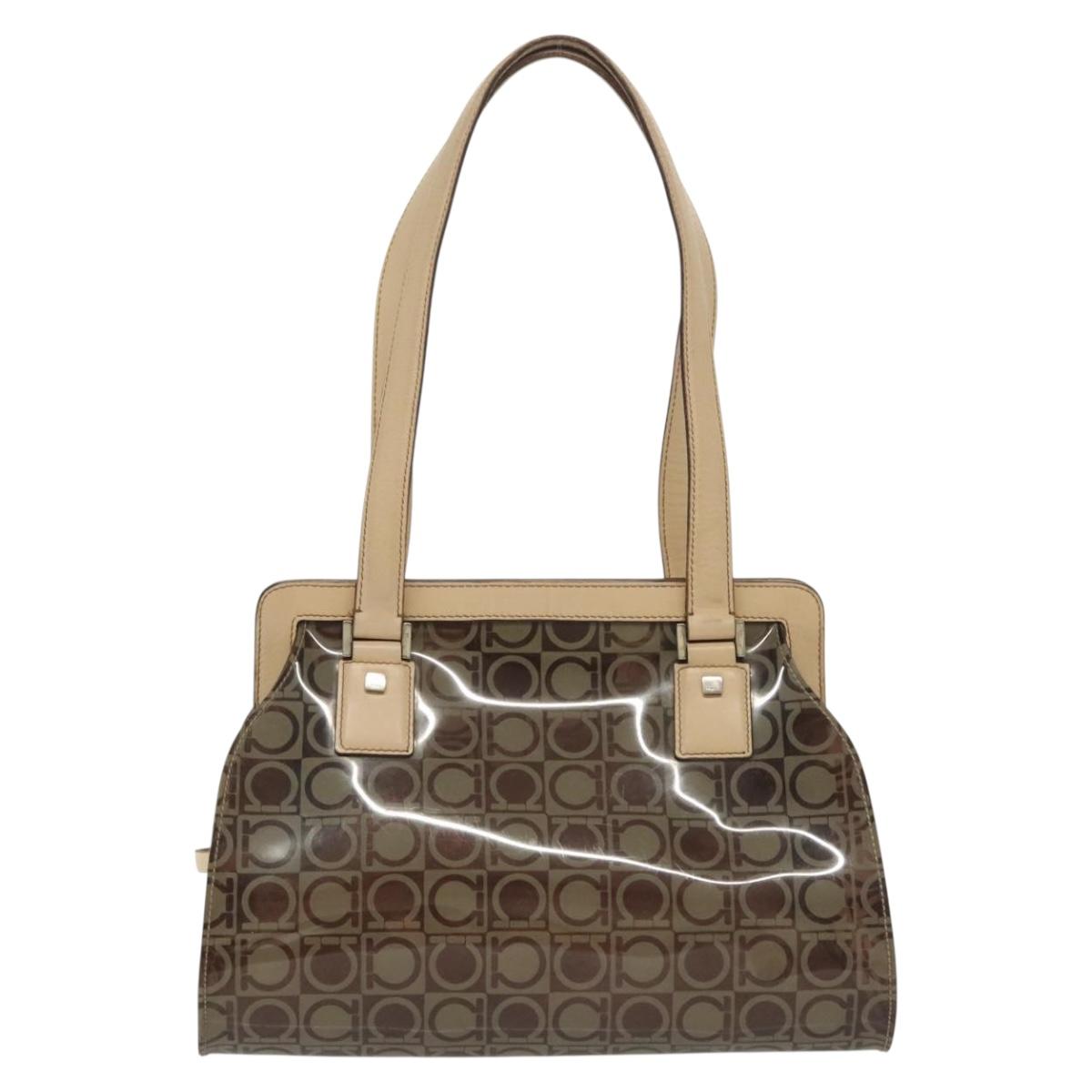 Salvatore Ferragamo Tote Bag Vinyl Leather Brown Beige Silver Auth bs29248