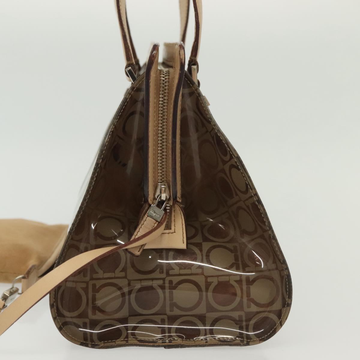 Salvatore Ferragamo Tote Bag Vinyl Leather Brown Beige Silver Auth bs29248