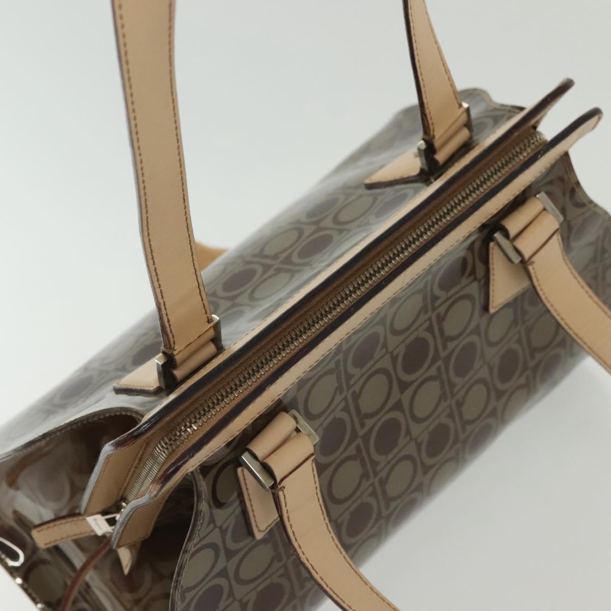 Salvatore Ferragamo Tote Bag Vinyl Leather Brown Beige Silver Auth bs29248
