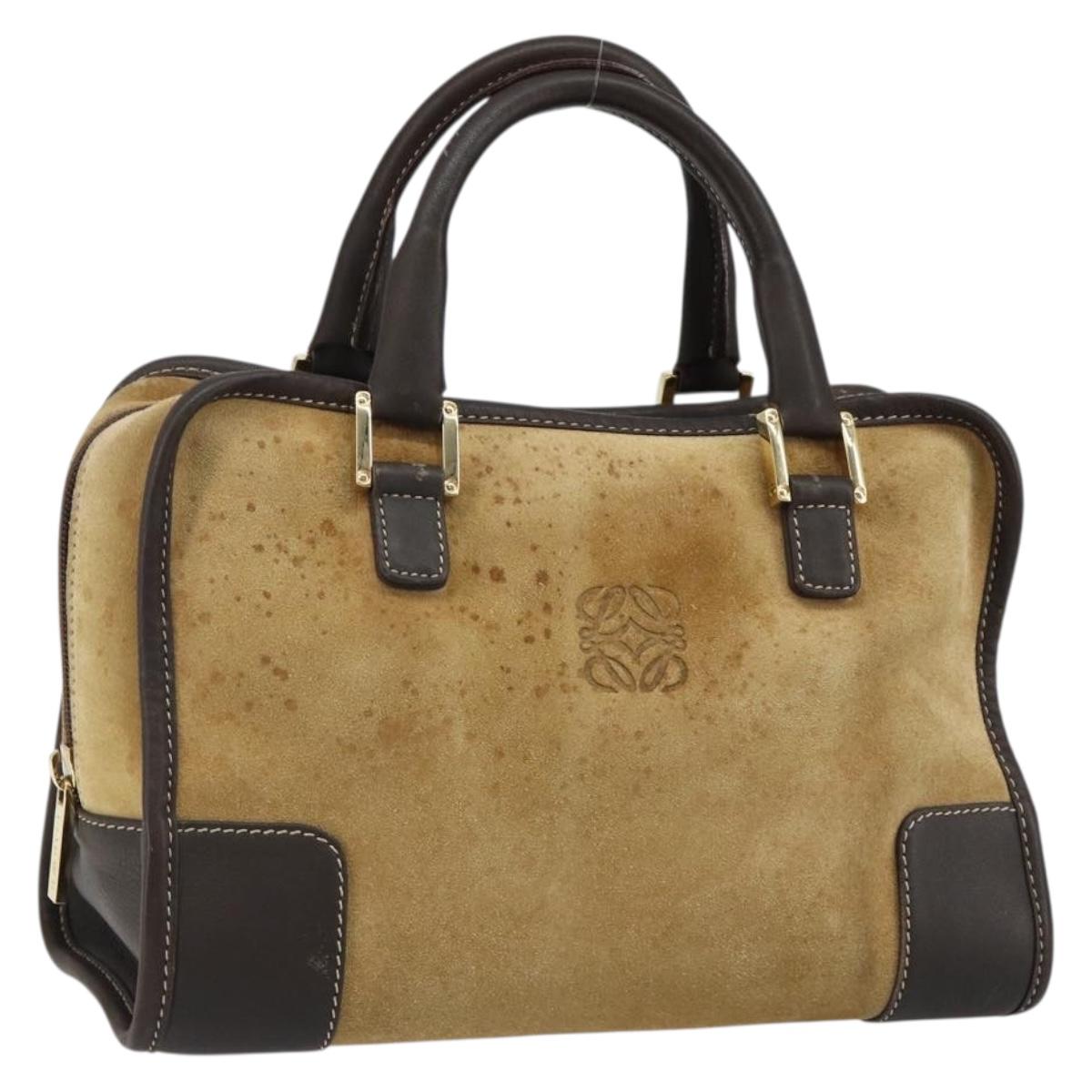 LOEWE Anagram Amazonas 23 Hand Bag Suede Leather Beige Gold Auth bs29255