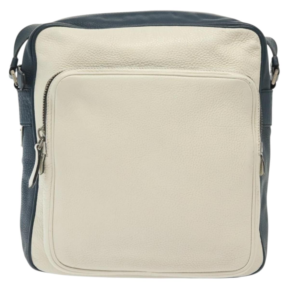 PRADA Shoulder Bag Leather White Blue Silver Auth bs29256