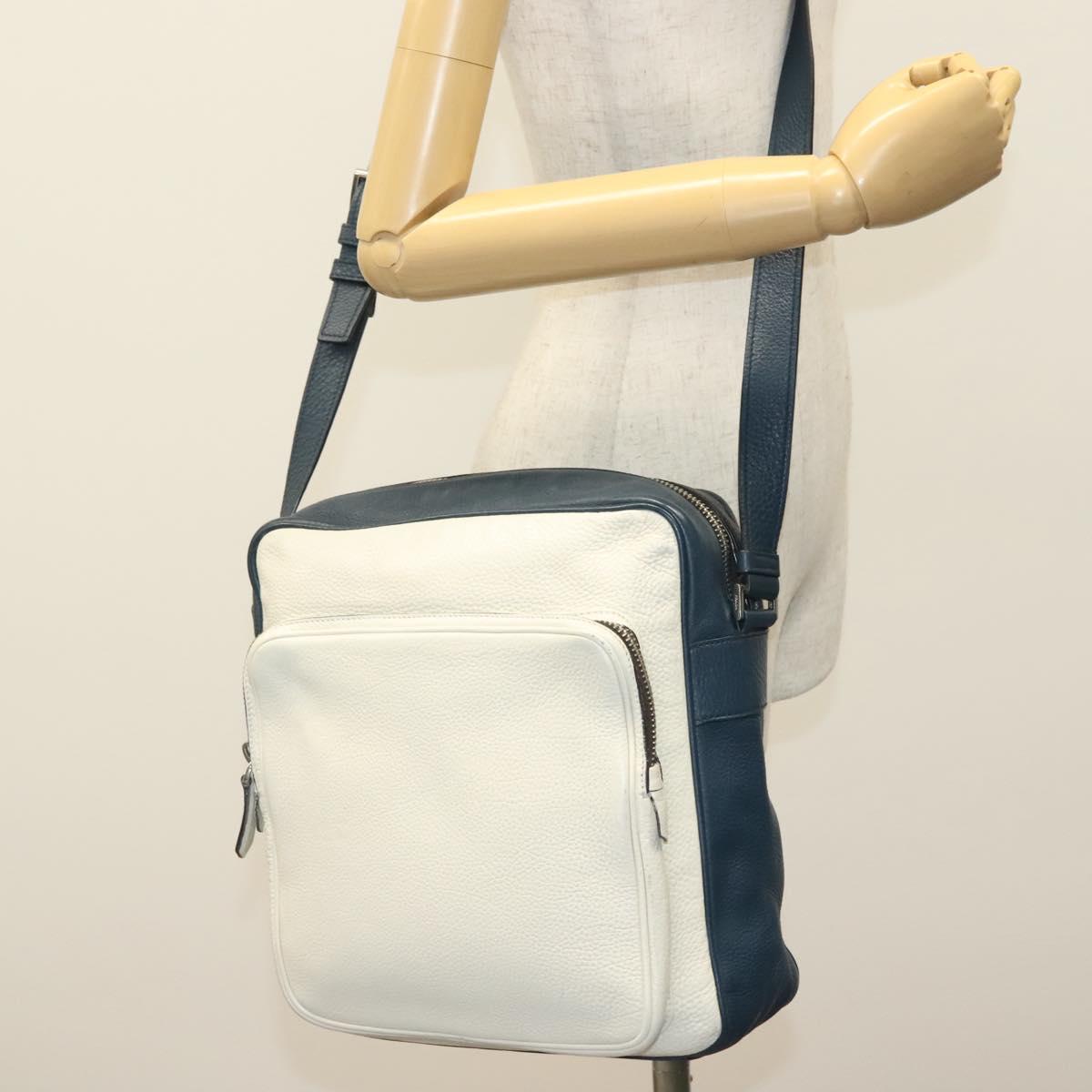 PRADA Shoulder Bag Leather White Blue Silver Auth bs29256
