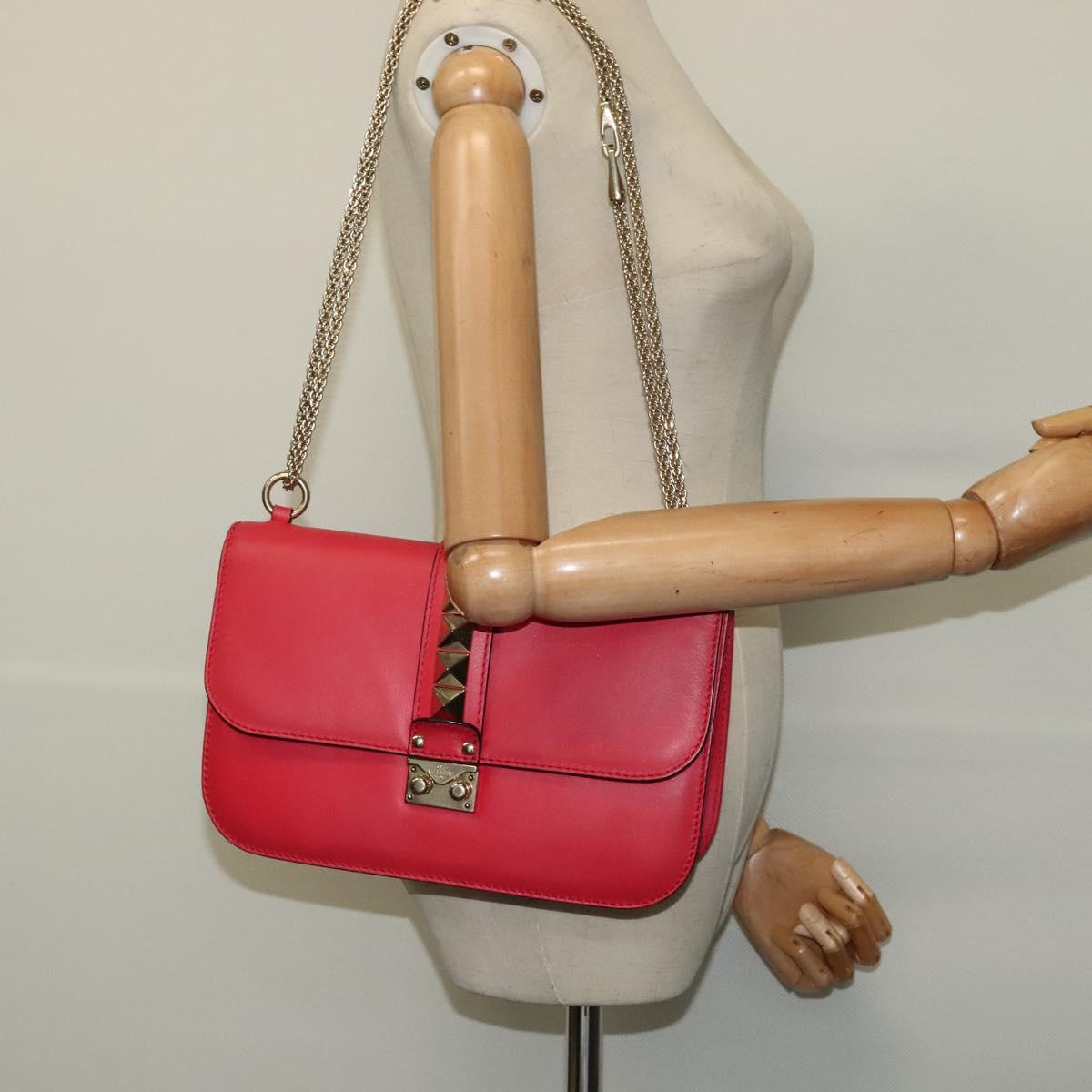 VALENTINO Studs Chain Shoulder Bag Leather Pink Gold Auth bs29260