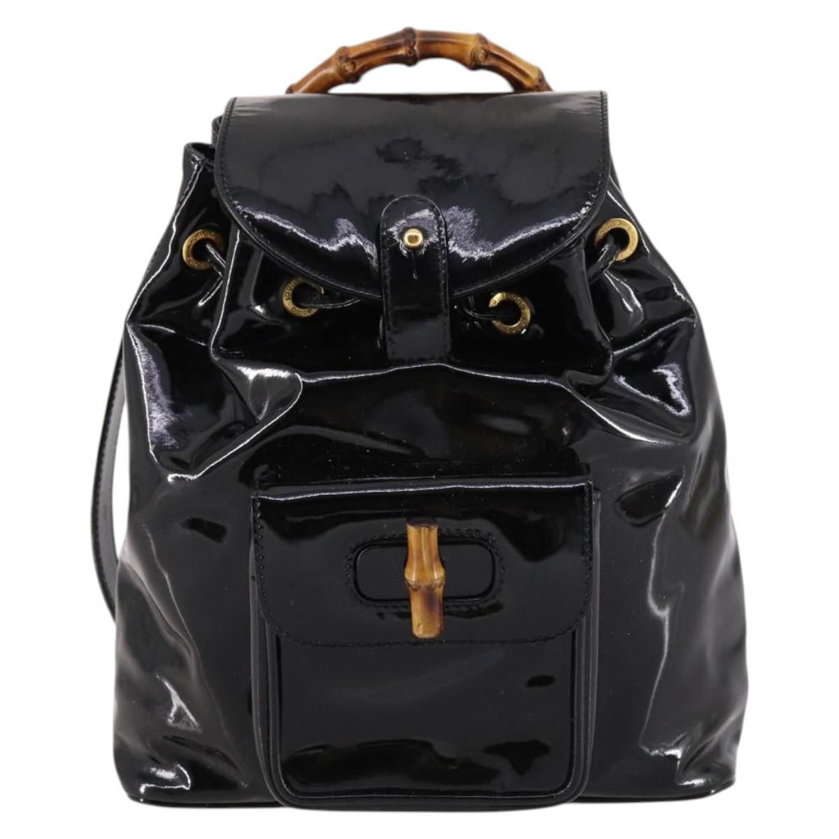 GUCCI Bamboo Backpack Enamel Black Gold 003 2058 0030 Auth bs29262