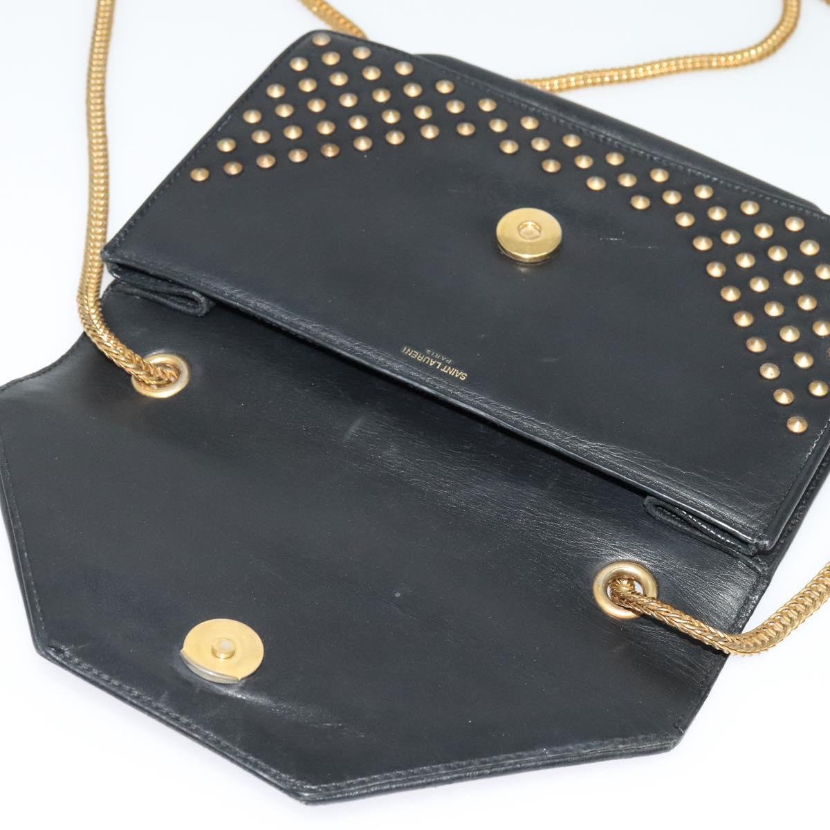 SAINT LAURENT Studs Chain Shoulder Bag Leather Black Gold Auth bs29263