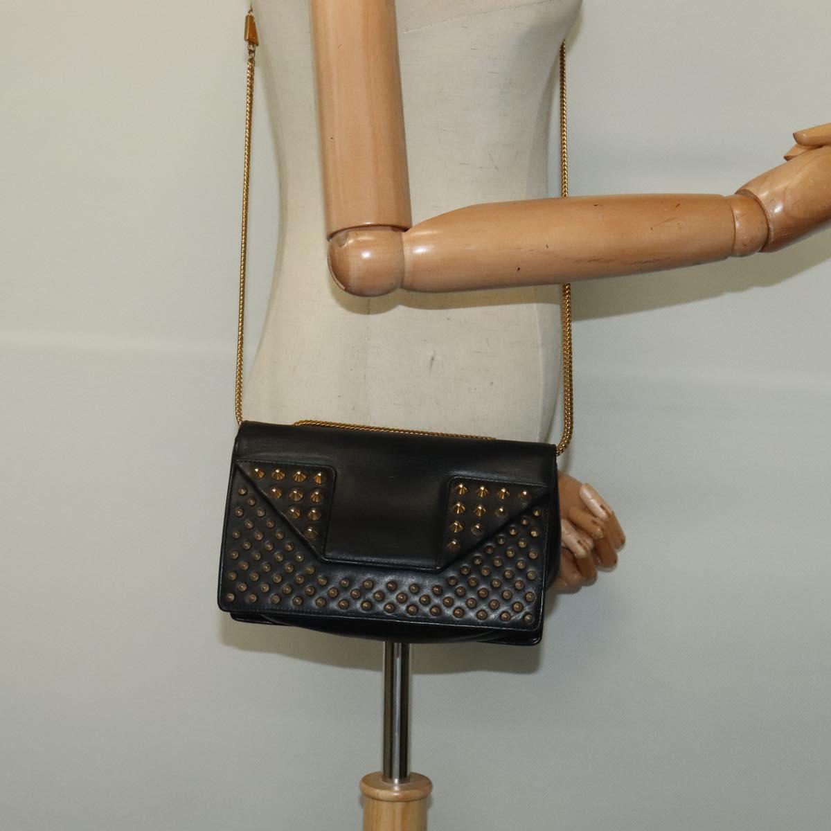 SAINT LAURENT Studs Chain Shoulder Bag Leather Black Gold Auth bs29263