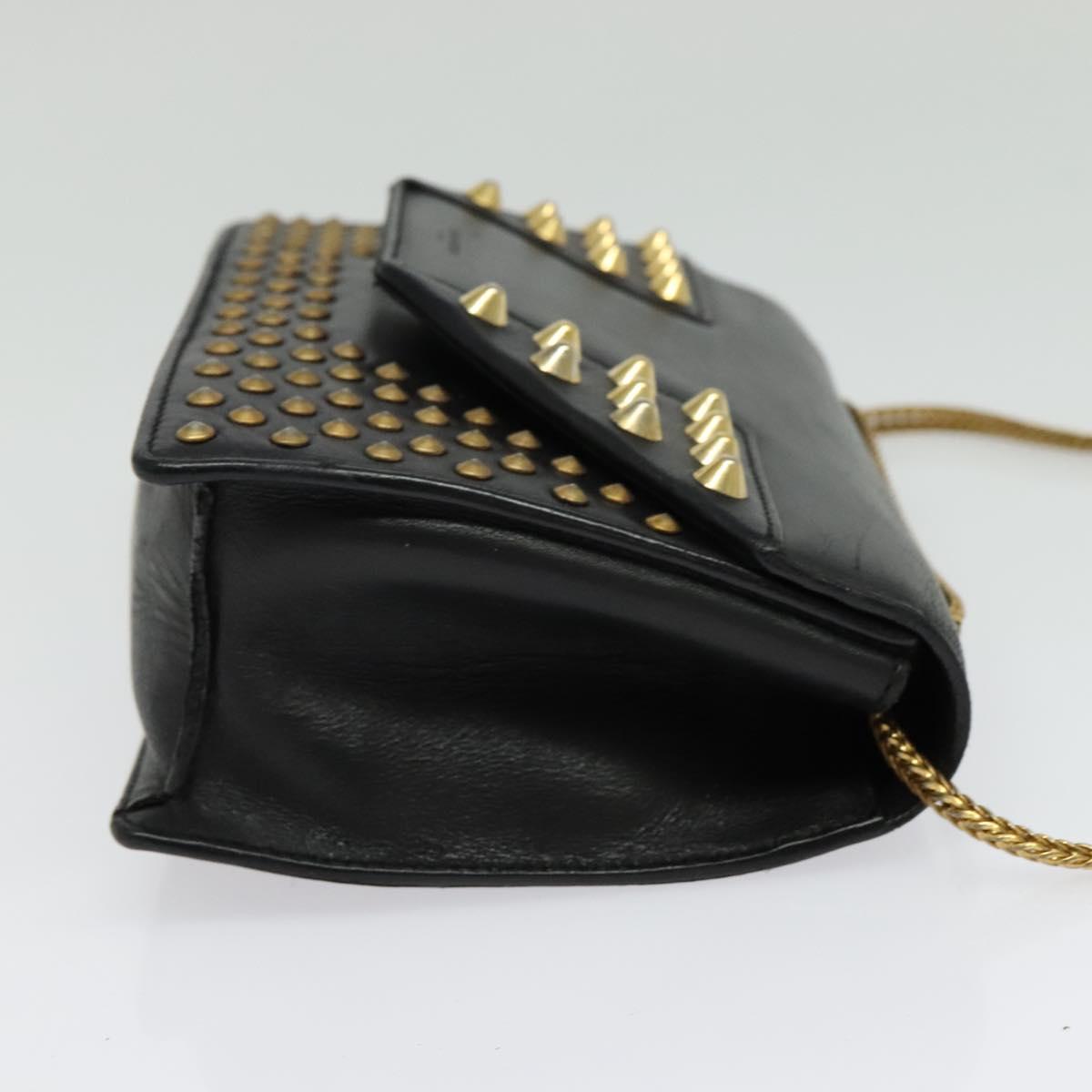SAINT LAURENT Studs Chain Shoulder Bag Leather Black Gold Auth bs29263