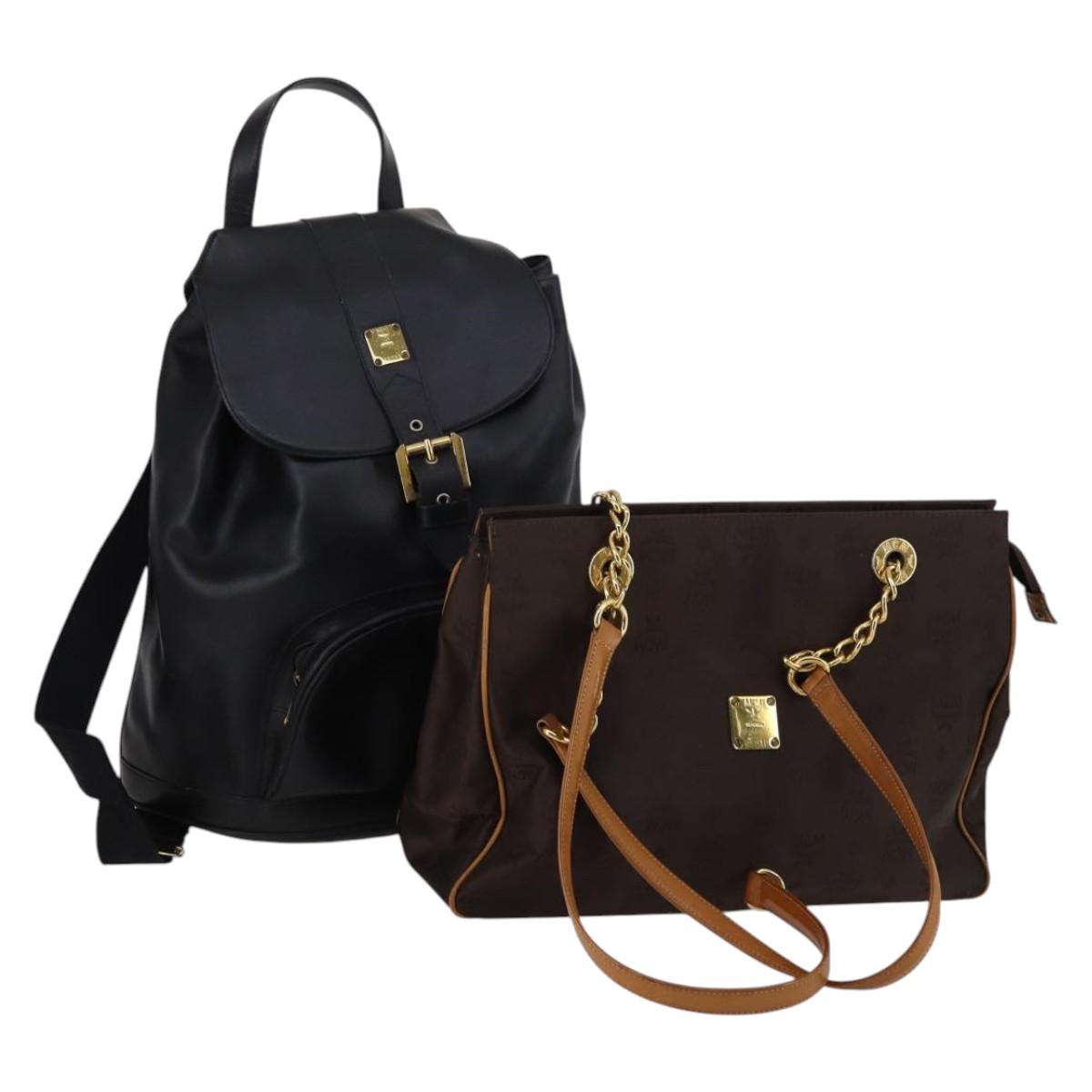 MCM Vicetos Logogram Backpack Leather Nylon 2Set Brown Black Auth bs29265